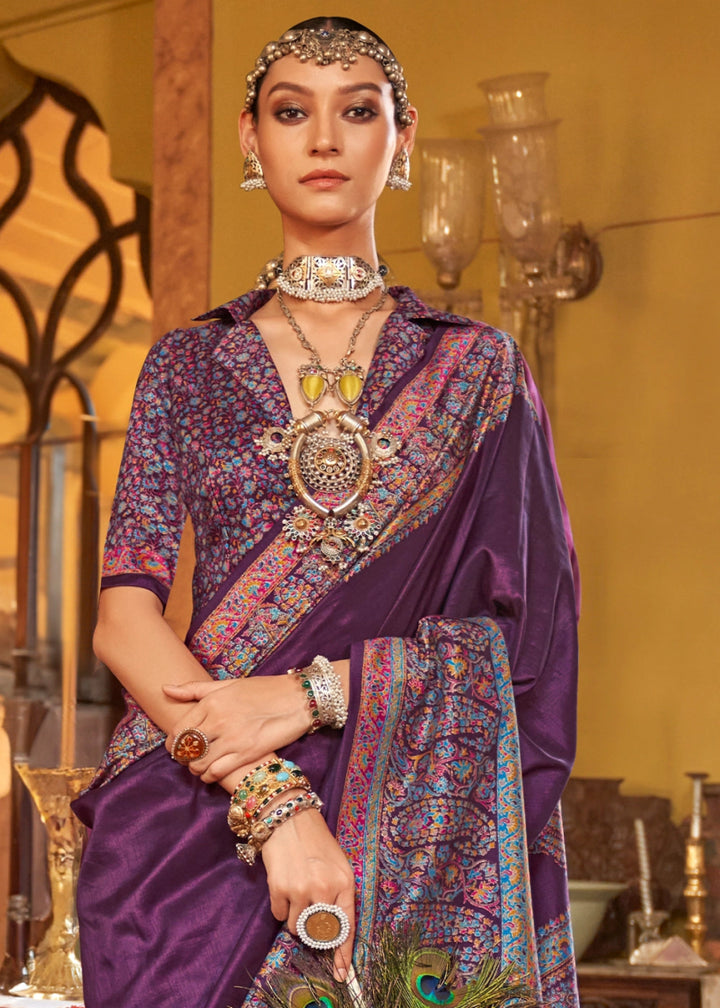 Royal Purple Silk Saree Featuring Exquisite Kashmiri Paisley Artwork - House of Sarvati LLC