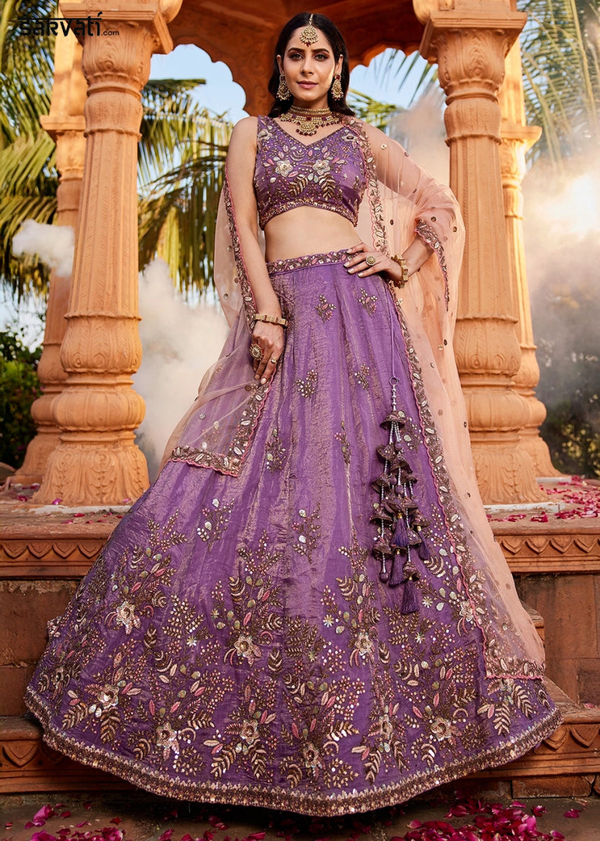 Royal Purple Tissue Lehenga Featuring Exquisite Floral & Bead Work - House of Sarvati LLC