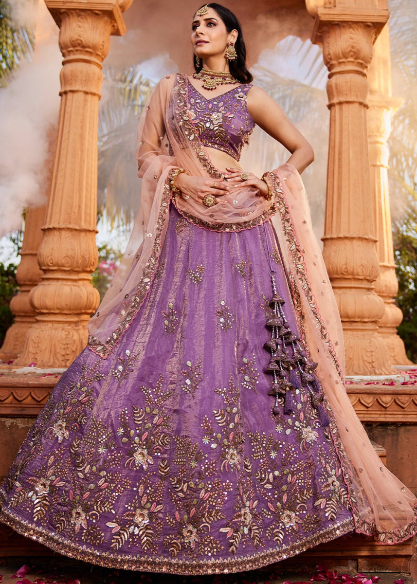 Royal Purple Tissue Lehenga Featuring Exquisite Floral & Bead Work - House of Sarvati LLC