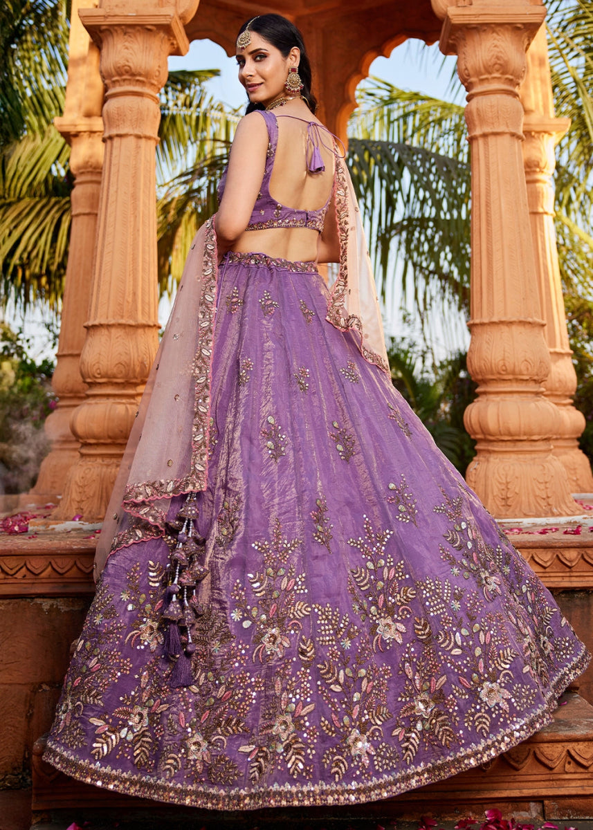 Royal Purple Tissue Lehenga Featuring Exquisite Floral & Bead Work - House of Sarvati LLC