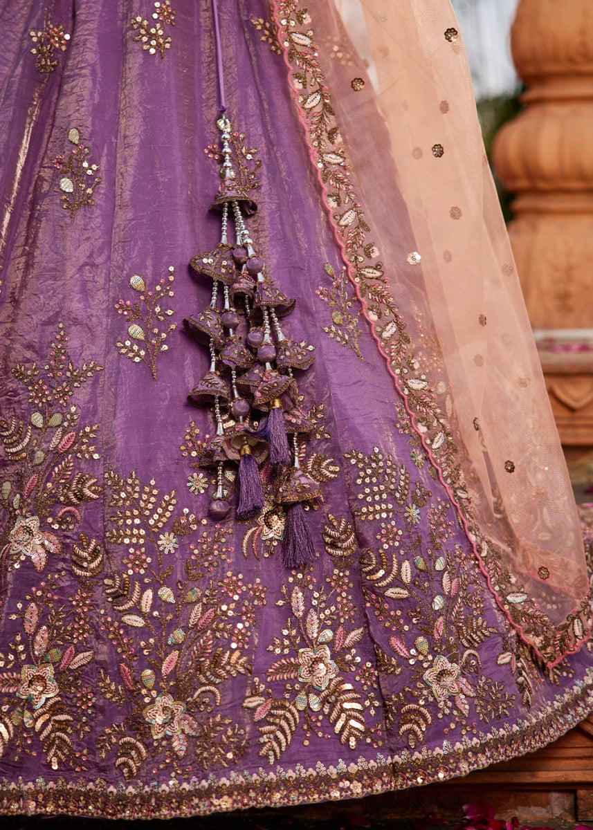 Royal Purple Tissue Lehenga Featuring Exquisite Floral & Bead Work - House of Sarvati LLC