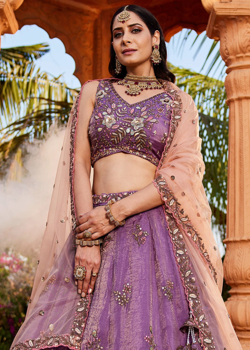Royal Purple Tissue Lehenga Featuring Exquisite Floral & Bead Work - House of Sarvati LLC