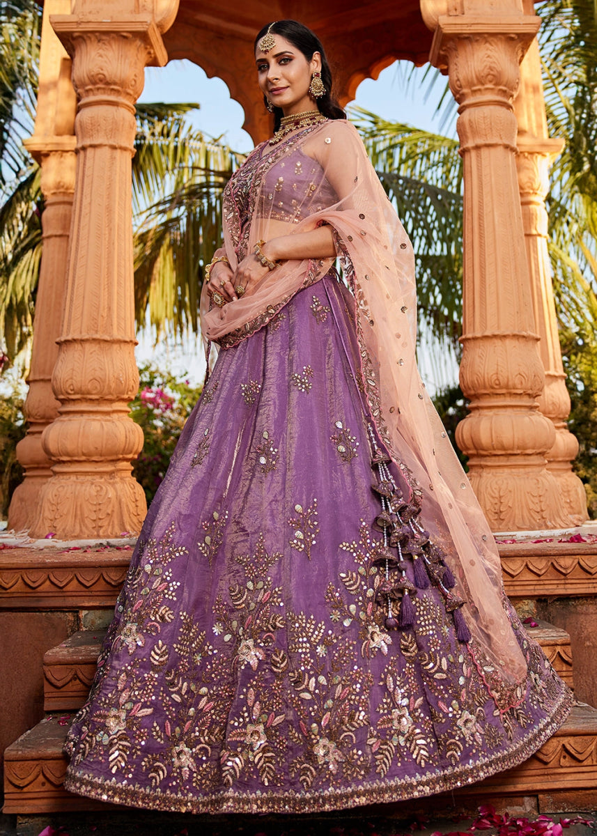 Royal Purple Tissue Lehenga Featuring Exquisite Floral & Bead Work - House of Sarvati LLC