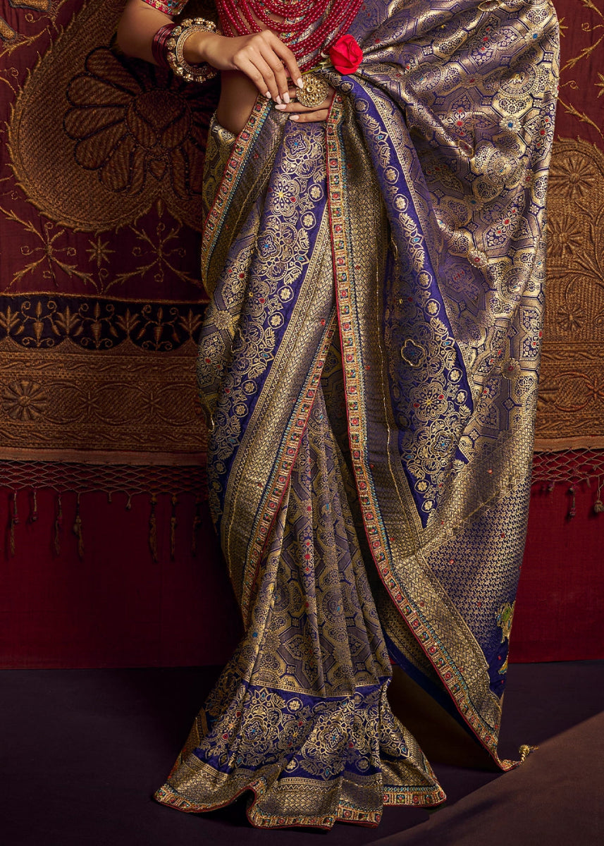 Royal Purple Viscose Silk Saree with Handcrafted Embroidered Blouse - House of Sarvati LLC