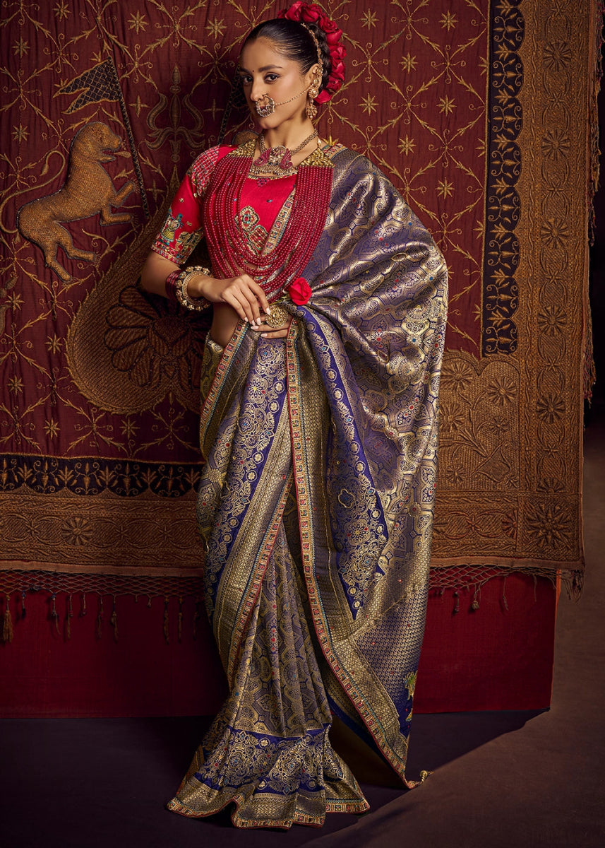 Royal Purple Viscose Silk Saree with Handcrafted Embroidered Blouse - House of Sarvati LLC