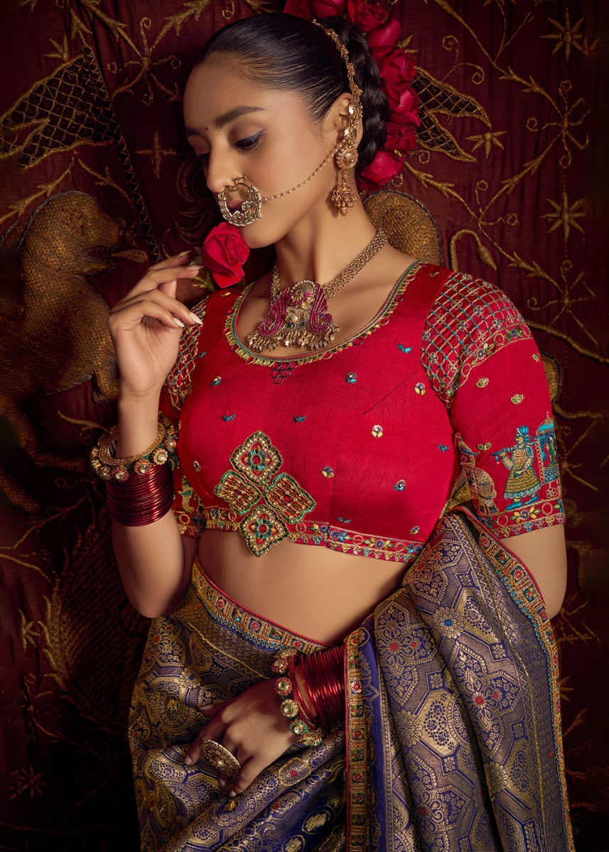 Royal Purple Viscose Silk Saree with Handcrafted Embroidered Blouse - House of Sarvati LLC