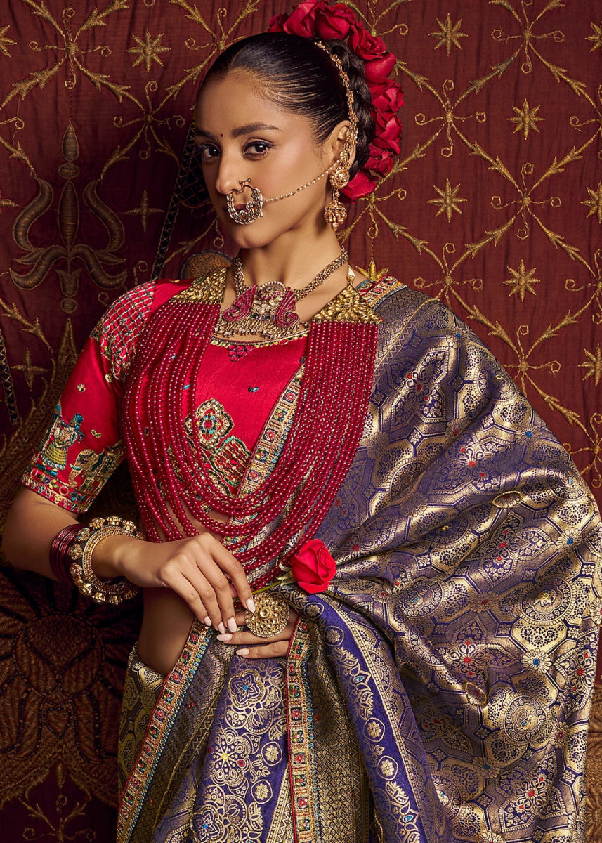 Royal Purple Viscose Silk Saree with Handcrafted Embroidered Blouse - House of Sarvati LLC