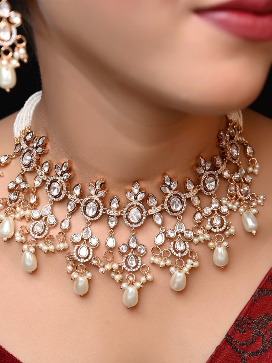 Rubi White Rose Gold Plated Kundan Choker - House of Sarvati LLC