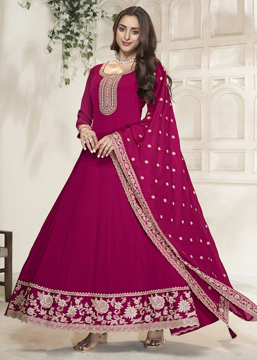 Ruby Pink Chinon Silk Anarkali Gown with White Embroidery and Sequin Highlights - House of Sarvati LLC