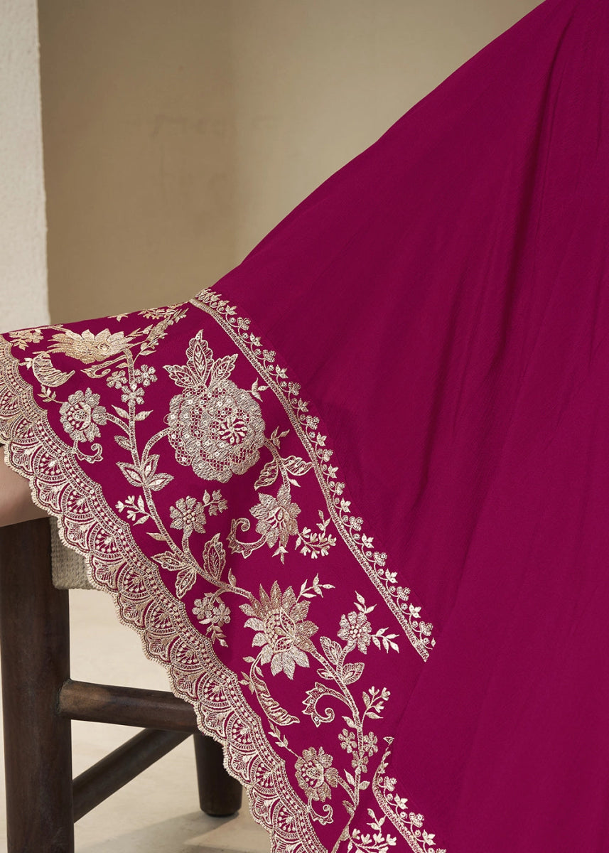 Ruby Pink Chinon Silk Anarkali Gown with White Embroidery and Sequin Highlights - House of Sarvati LLC