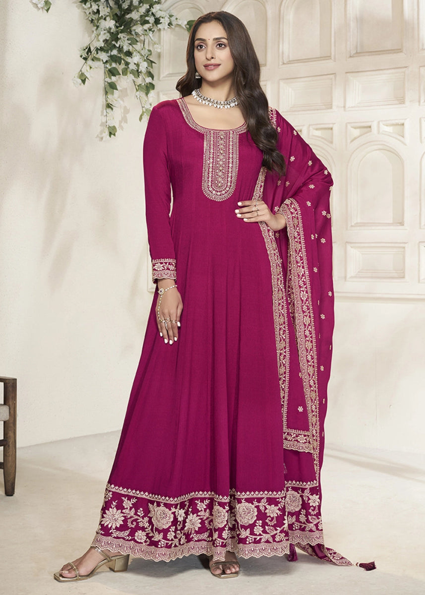 Ruby Pink Chinon Silk Anarkali Gown with White Embroidery and Sequin Highlights - House of Sarvati LLC