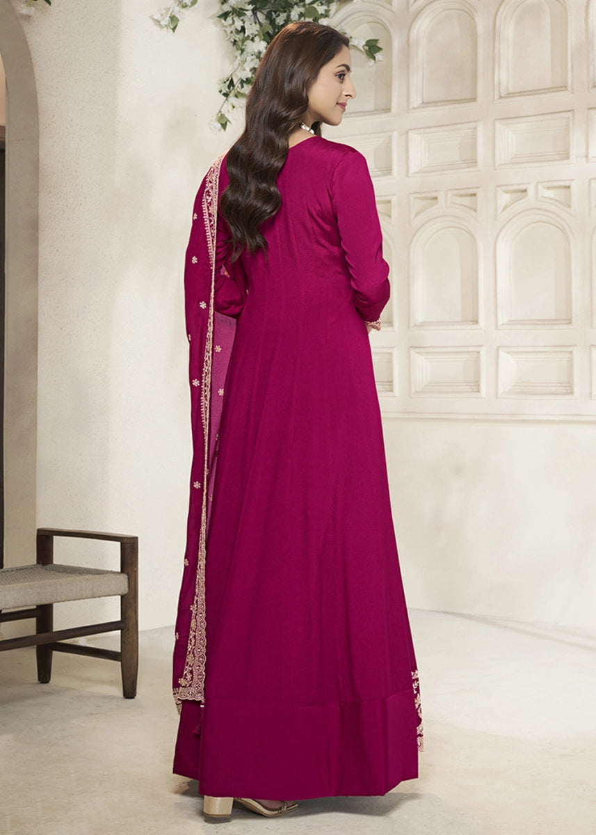 Ruby Pink Chinon Silk Anarkali Gown with White Embroidery and Sequin Highlights - House of Sarvati LLC