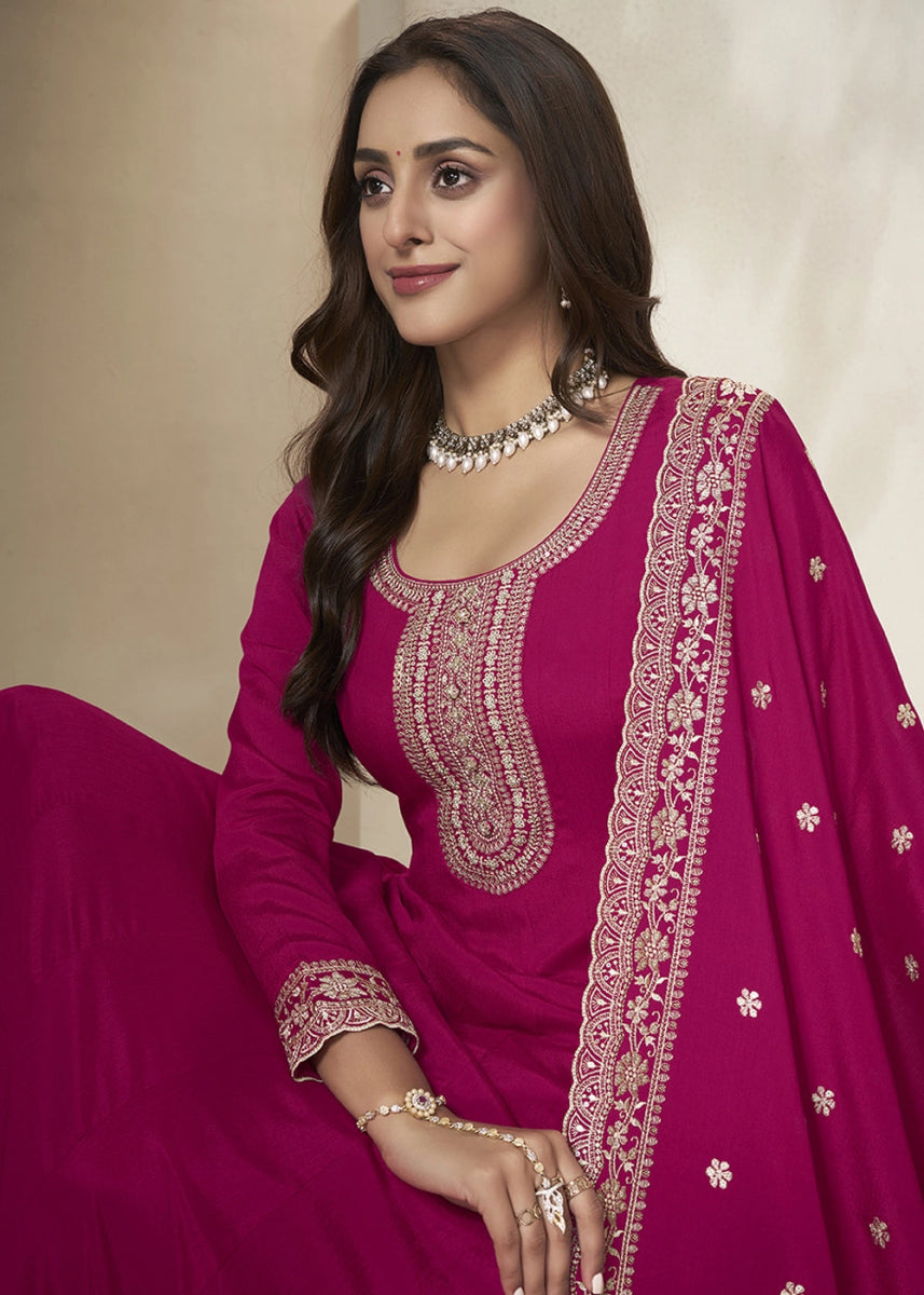 Ruby Pink Chinon Silk Anarkali Gown with White Embroidery and Sequin Highlights - House of Sarvati LLC