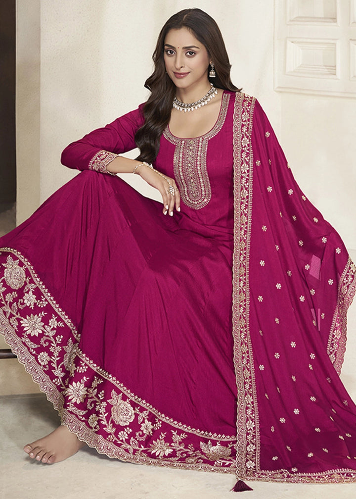 Ruby Pink Chinon Silk Anarkali Gown with White Embroidery and Sequin Highlights - House of Sarvati LLC