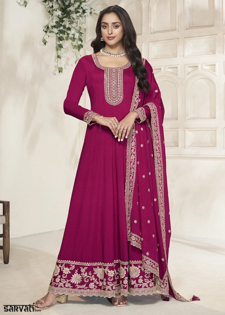 Ruby Pink Chinon Silk Anarkali Gown with White Embroidery and Sequin Highlights - House of Sarvati LLC