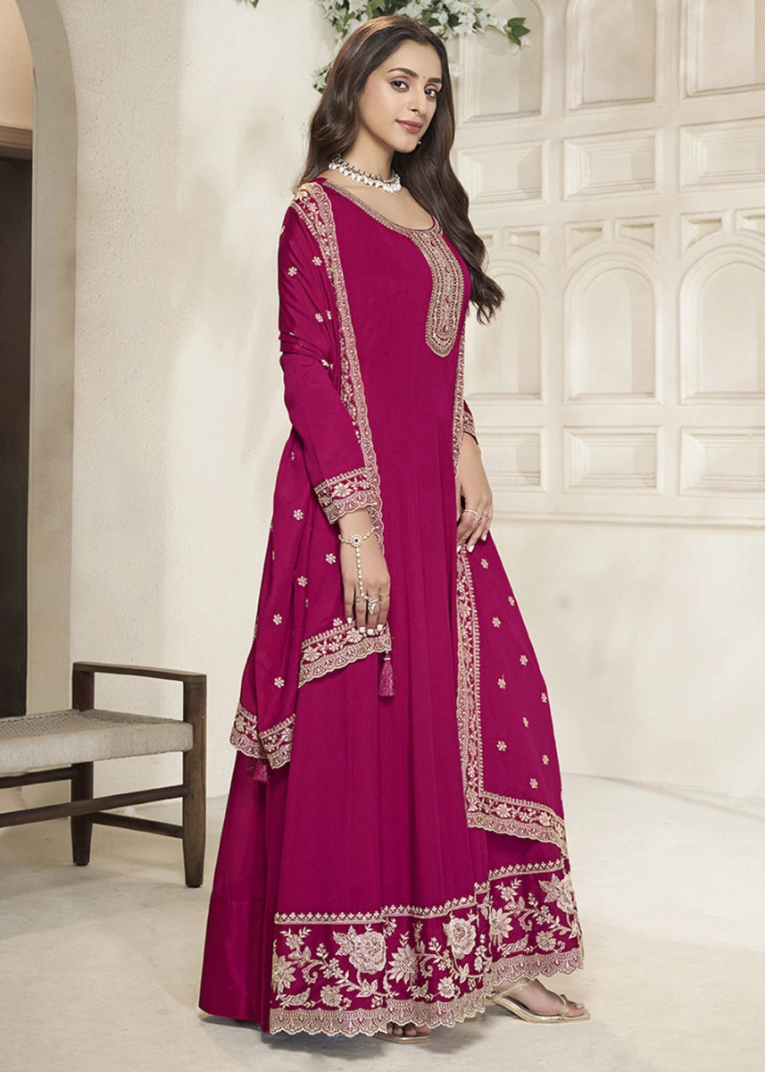 Ruby Pink Chinon Silk Anarkali Gown with White Embroidery and Sequin Highlights - House of Sarvati LLC