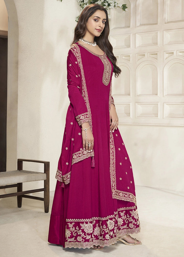 Ruby Pink Chinon Silk Anarkali Gown with White Embroidery and Sequin Highlights - House of Sarvati LLC