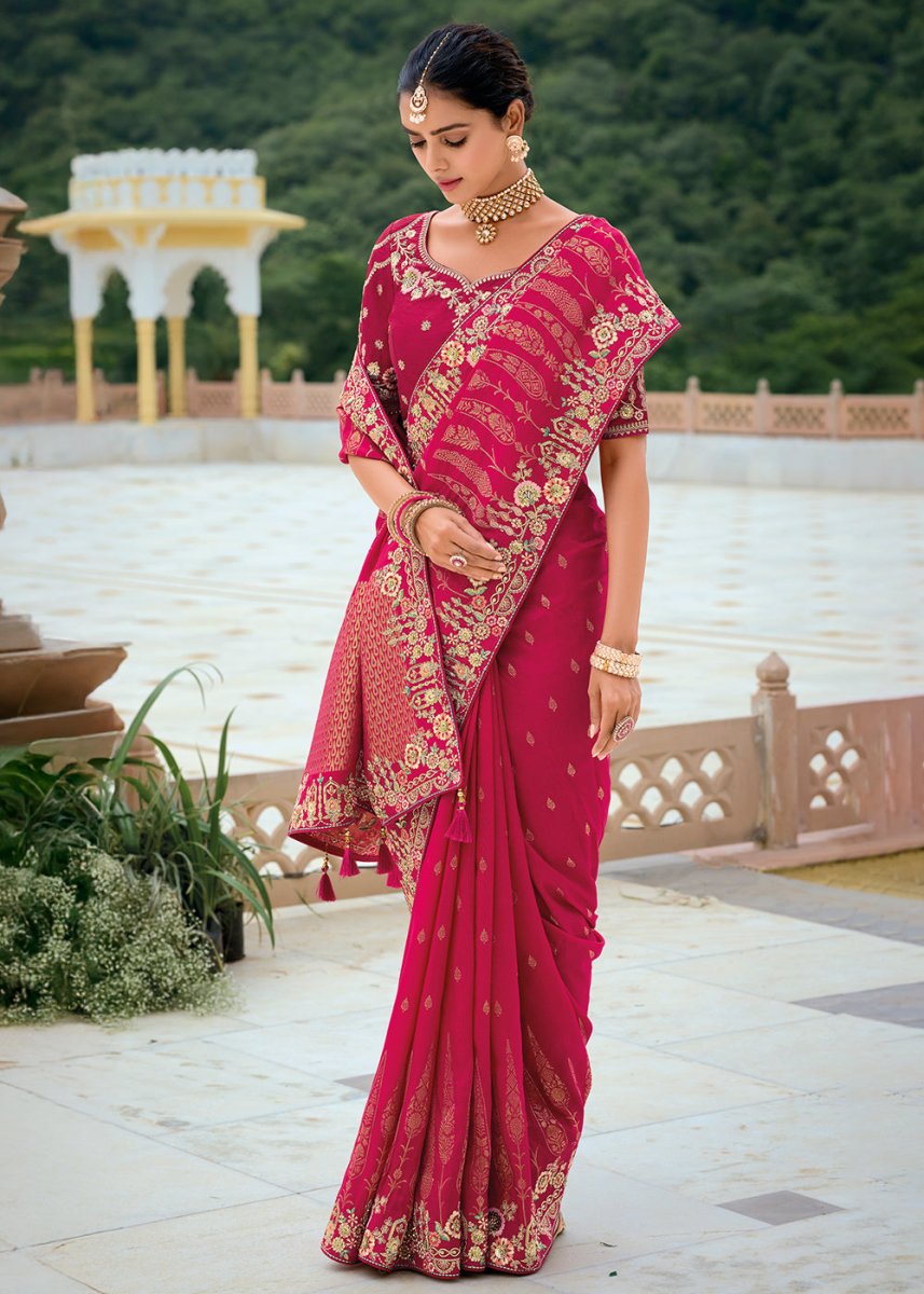 Ruby Pink Viscose Silk Saree with Intricate Cutwork & Embroidery - House of Sarvati LLC
