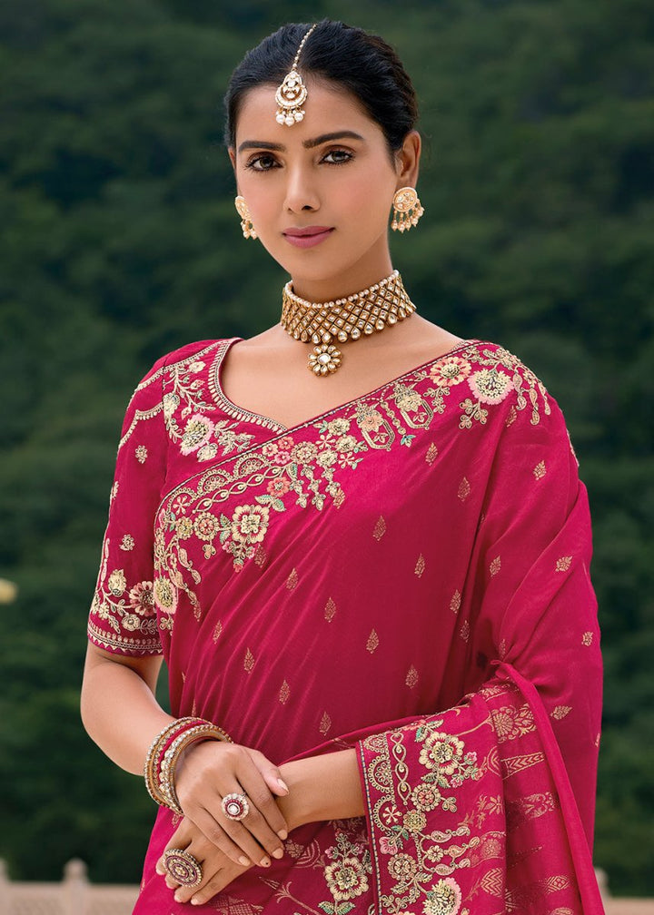 Ruby Pink Viscose Silk Saree with Intricate Cutwork & Embroidery - House of Sarvati LLC