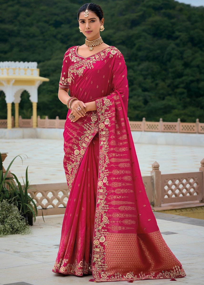 Ruby Pink Viscose Silk Saree with Intricate Cutwork & Embroidery - House of Sarvati LLC