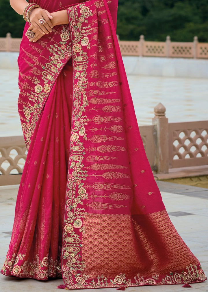 Ruby Pink Viscose Silk Saree with Intricate Cutwork & Embroidery - House of Sarvati LLC
