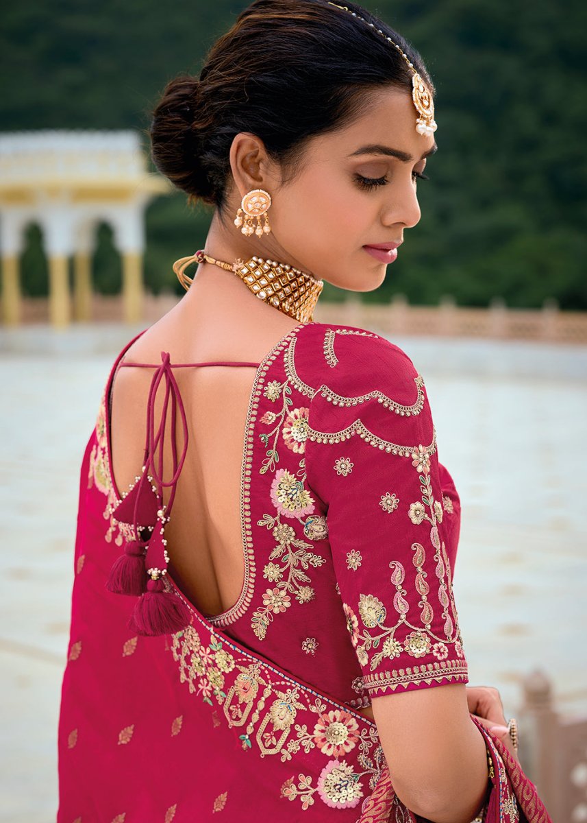 Ruby Pink Viscose Silk Saree with Intricate Cutwork & Embroidery - House of Sarvati LLC