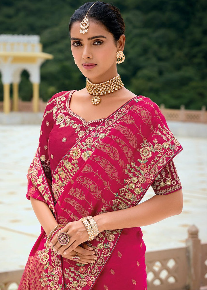 Ruby Pink Viscose Silk Saree with Intricate Cutwork & Embroidery - House of Sarvati LLC