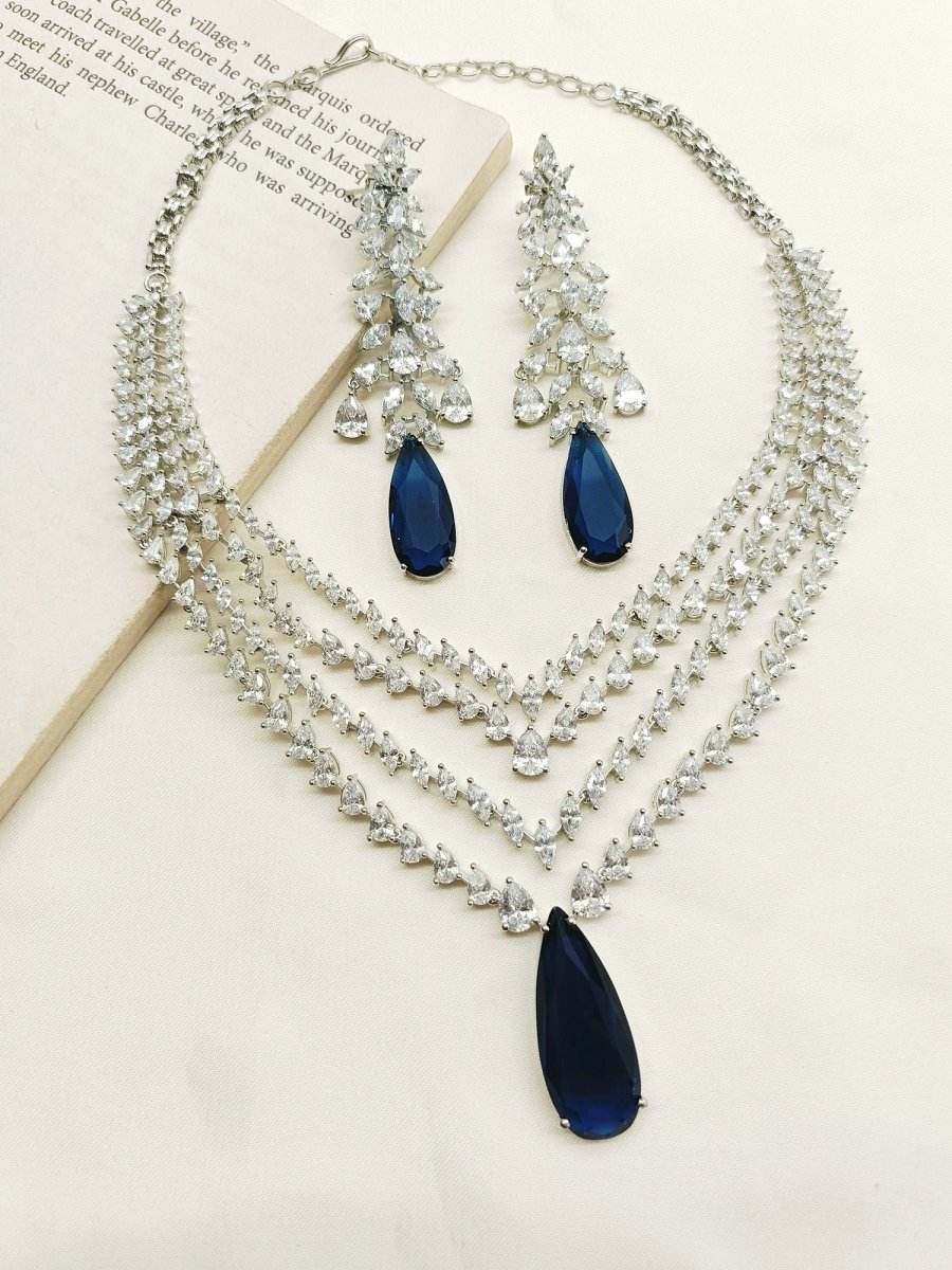Ruhana Blue Sapphire American Diamond Necklace Set - House of Sarvati LLC