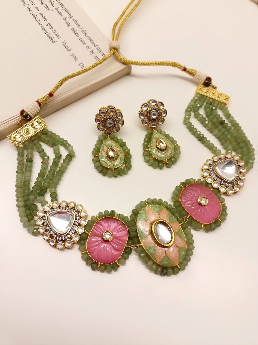 Ruhu P & G Meenakari Choker Set - House of Sarvati LLC