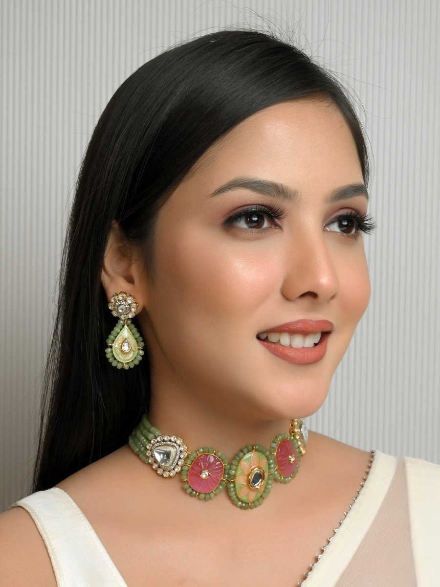 Ruhu P & G Meenakari Choker Set - House of Sarvati LLC