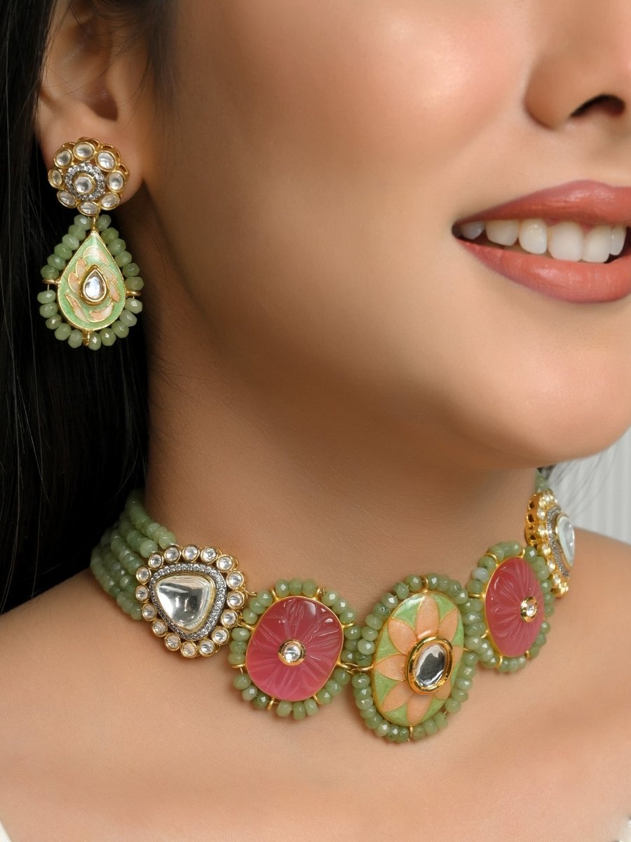 Ruhu P & G Meenakari Choker Set - House of Sarvati LLC