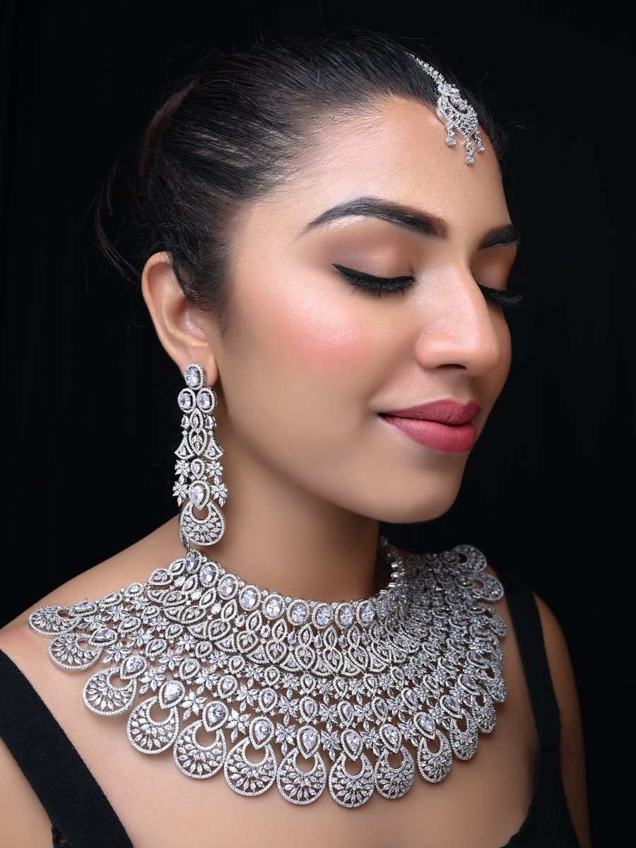Rukhsaar Bridal Look American Diamond Necklace Set - House of Sarvati LLC