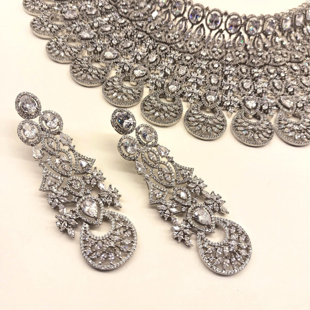 Rukhsaar Bridal Look American Diamond Necklace Set - House of Sarvati LLC