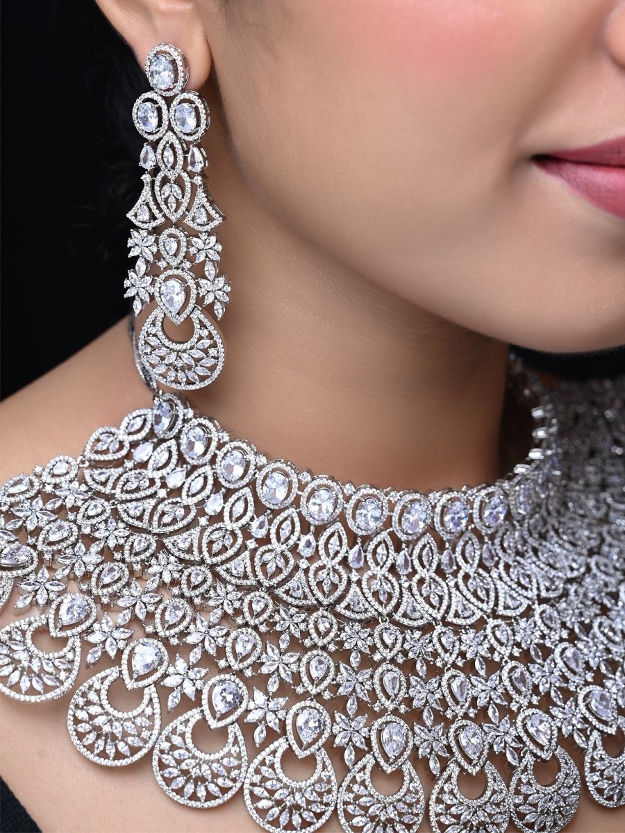 Rukhsaar Bridal Look American Diamond Necklace Set - House of Sarvati LLC