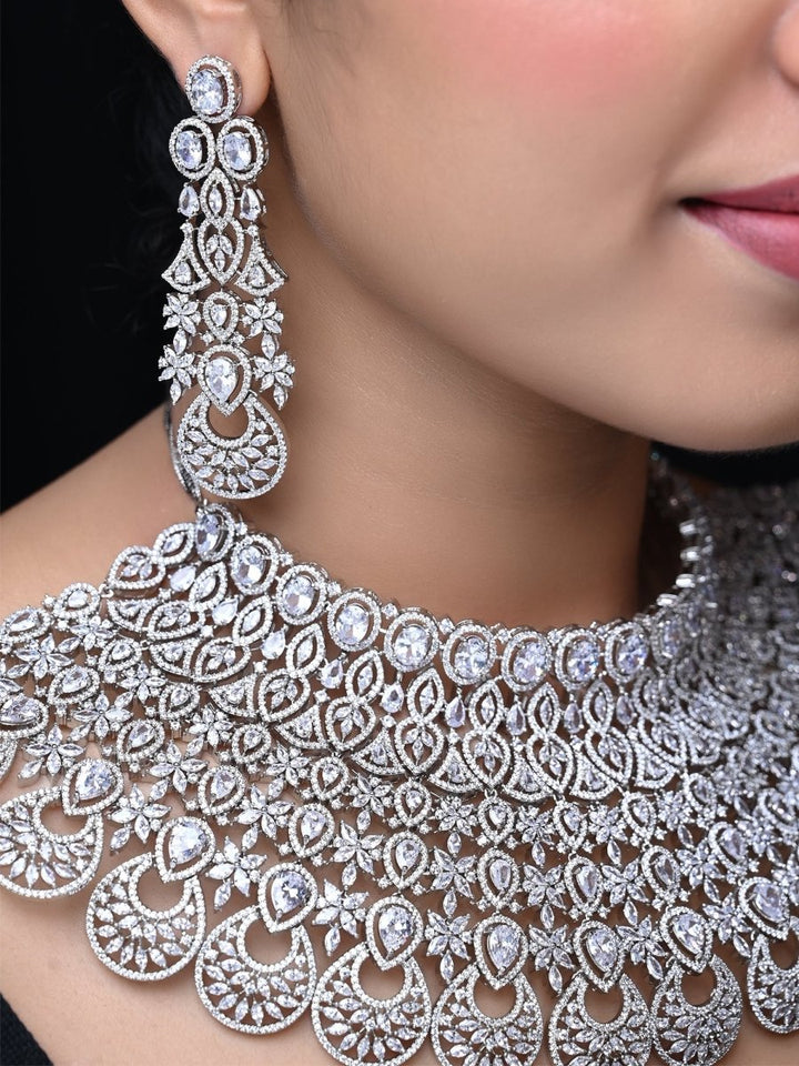 Rukhsaar Bridal Look American Diamond Necklace Set - House of Sarvati LLC