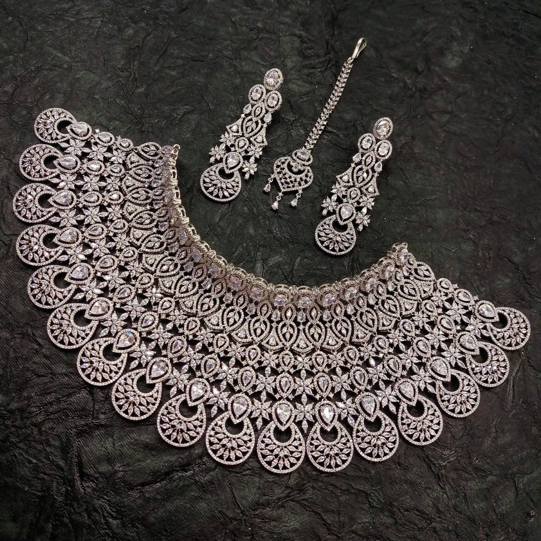 Rukhsaar Bridal Look American Diamond Necklace Set - House of Sarvati LLC