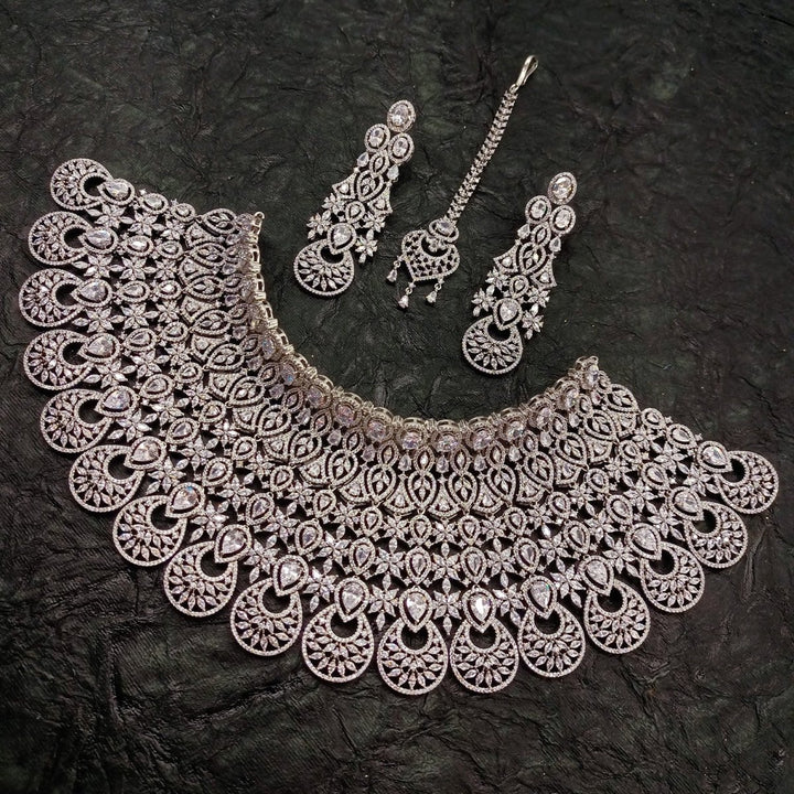 Rukhsaar Bridal Look American Diamond Necklace Set - House of Sarvati LLC