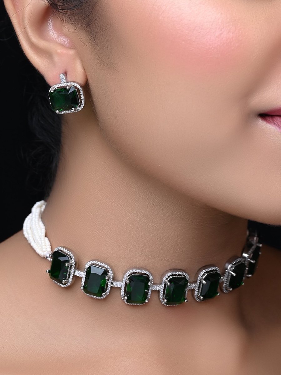 Ruqayyah Green Emerald Diamond Necklace Set - House of Sarvati LLC