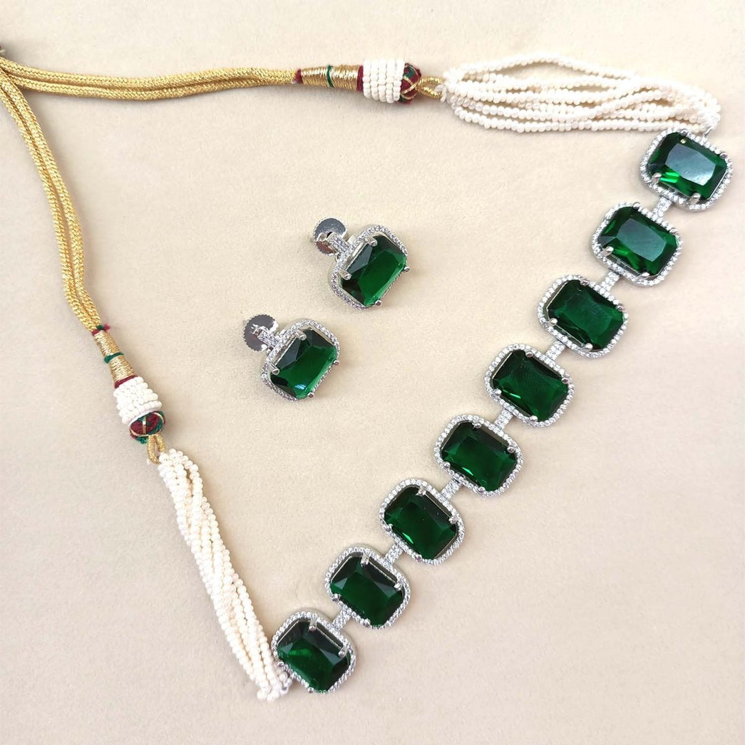 Ruqayyah Green Emerald Diamond Necklace Set - House of Sarvati LLC