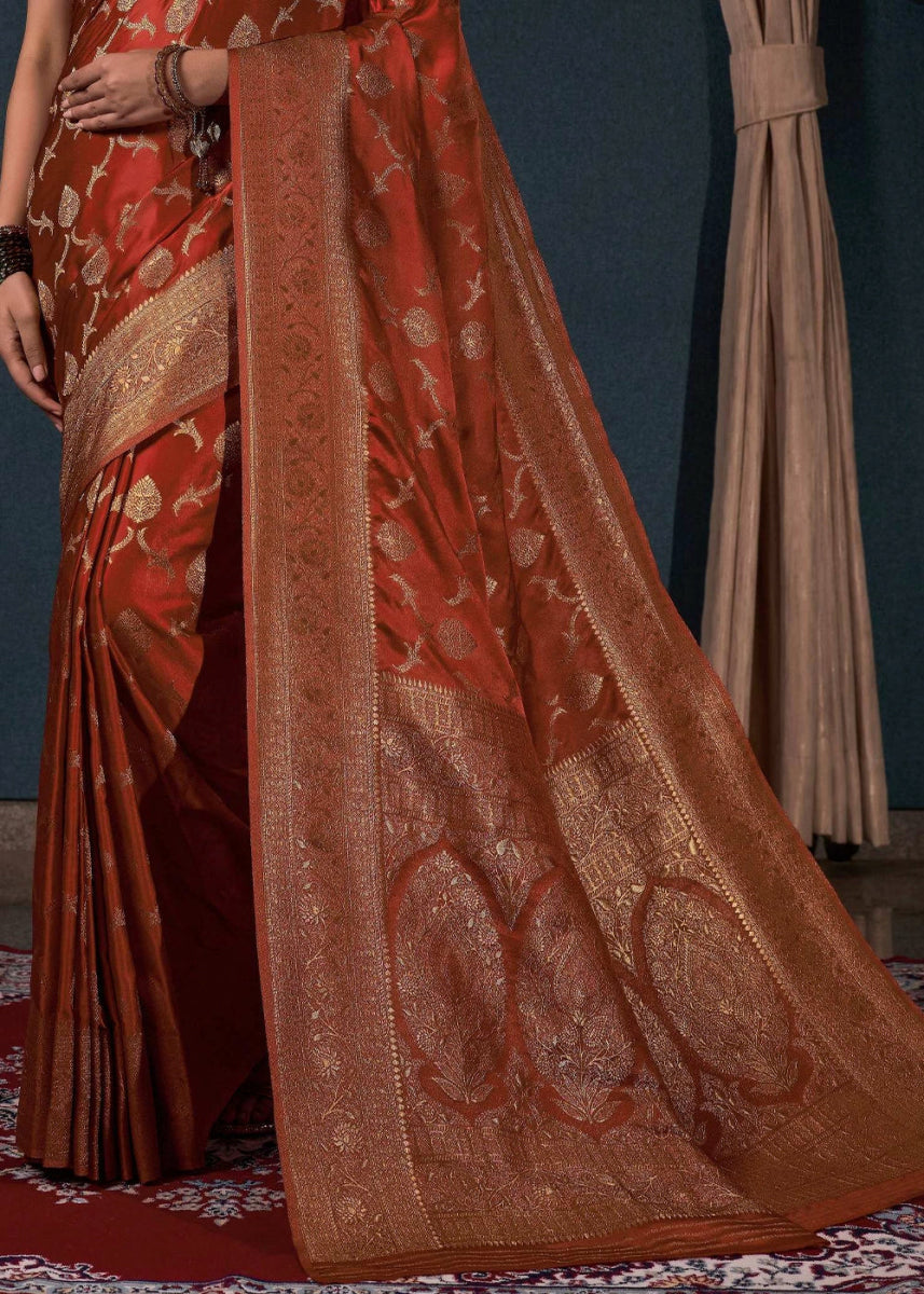 Rust Brown Banarasi - Style Satin Silk Saree with Zari work - House of Sarvati LLC