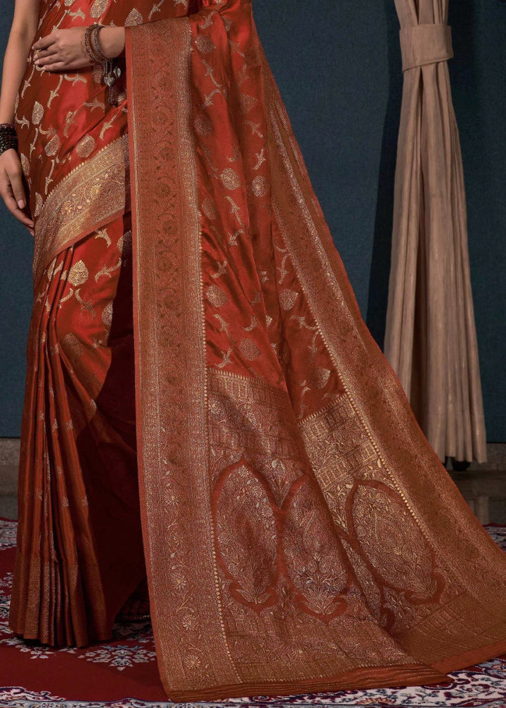 Rust Brown Banarasi - Style Satin Silk Saree with Zari work - House of Sarvati LLC