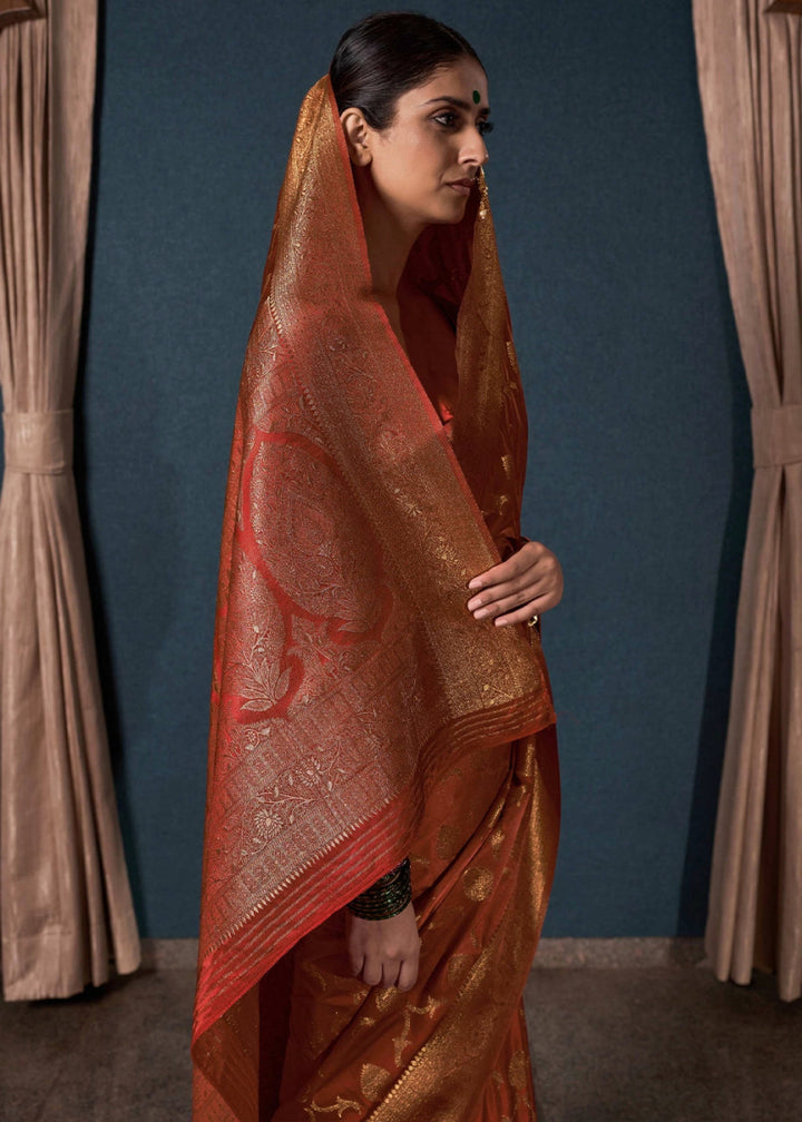 Rust Brown Banarasi - Style Satin Silk Saree with Zari work - House of Sarvati LLC