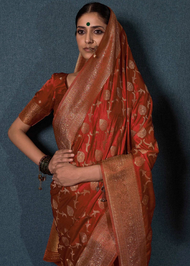Rust Brown Banarasi - Style Satin Silk Saree with Zari work - House of Sarvati LLC