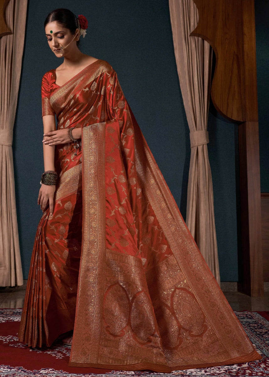 Rust Brown Banarasi - Style Satin Silk Saree with Zari work - House of Sarvati LLC