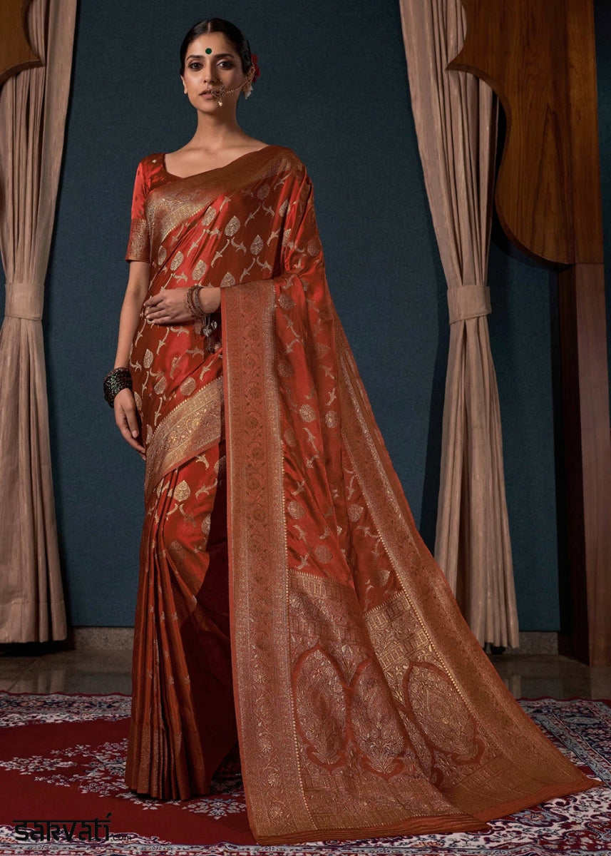 Rust Brown Banarasi - Style Satin Silk Saree with Zari work - House of Sarvati LLC