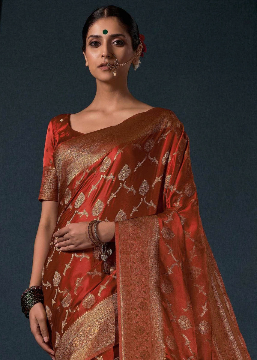 Rust Brown Banarasi - Style Satin Silk Saree with Zari work - House of Sarvati LLC