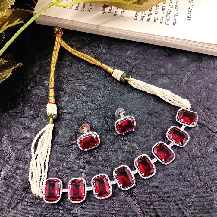 Saaleha Ruby Diamond Stone Silver Plated Choker Set - House of Sarvati LLC