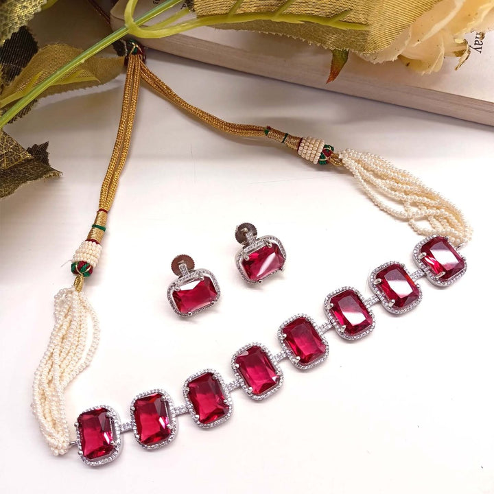 Saaleha Ruby Diamond Stone Silver Plated Choker Set - House of Sarvati LLC