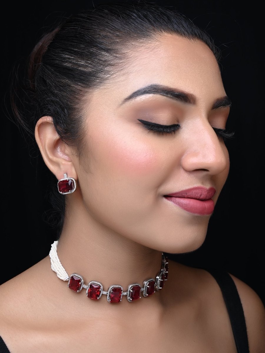 Saaleha Ruby Diamond Stone Silver Plated Choker Set - House of Sarvati LLC