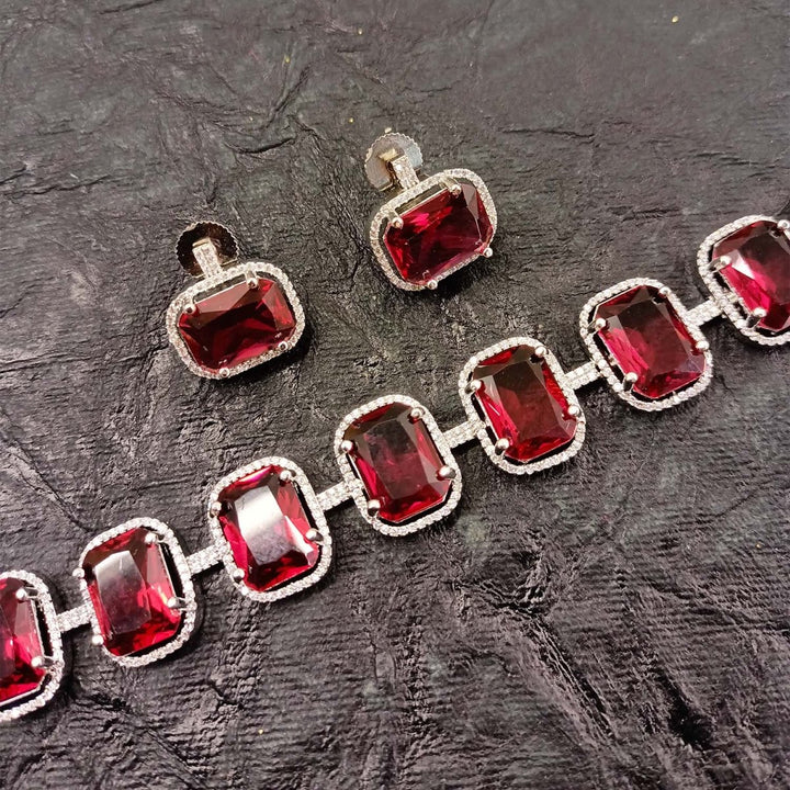 Saaleha Ruby Diamond Stone Silver Plated Choker Set - House of Sarvati LLC